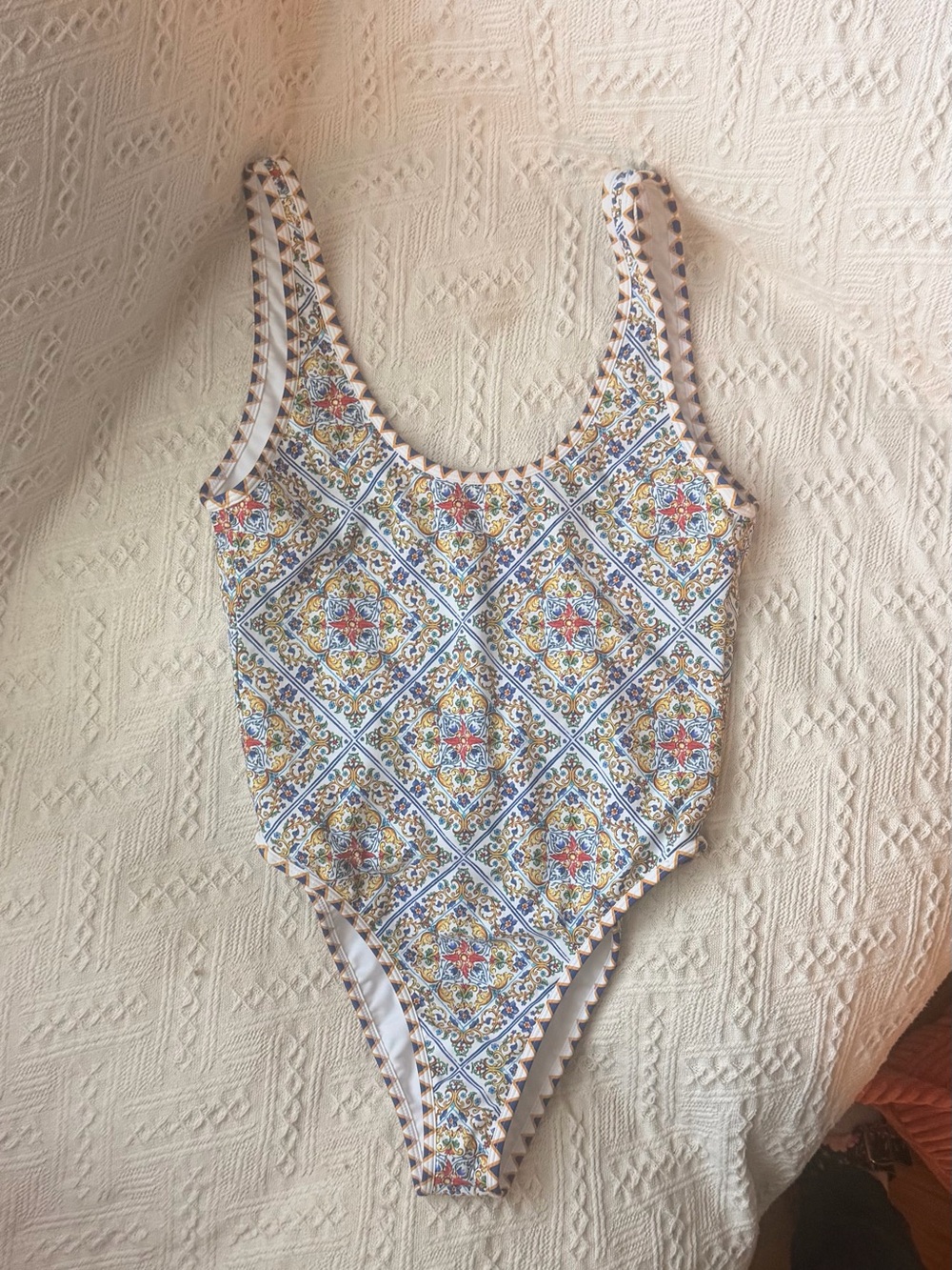 Patterned One-Piece Swimsuit in Blue, Gold & Coral